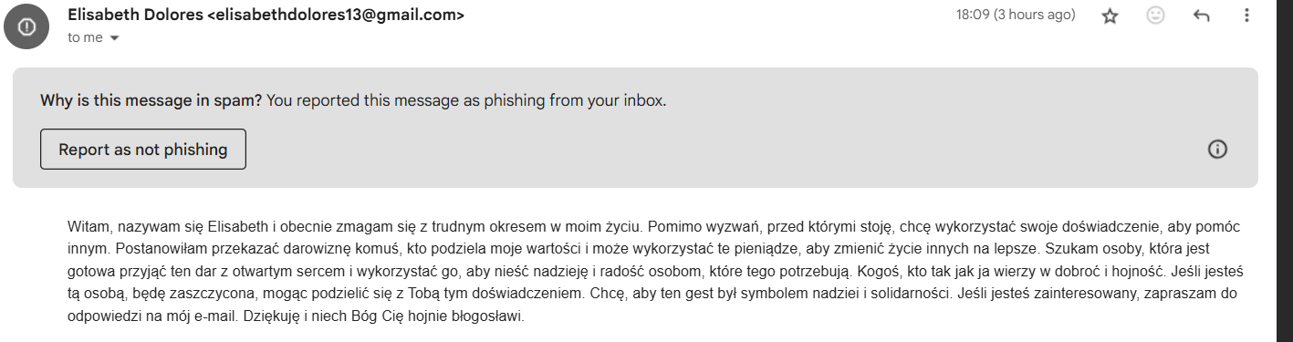 email przedstawiający przykład phishingu