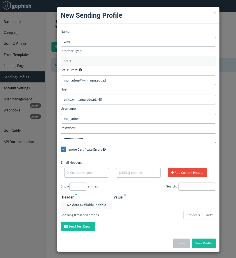 interfejs sending profiles